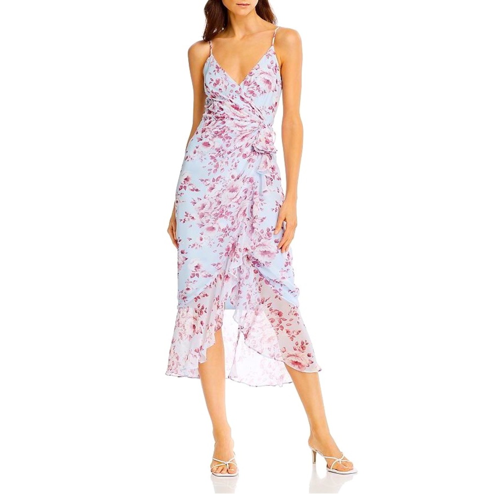 Bardot Loretta Blue Floral Ruffle Wrap Dress